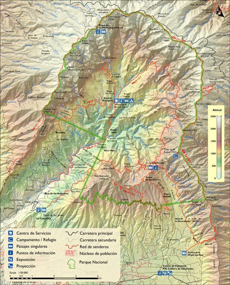 Mapa de senderos en la Caldera de Taburiente 