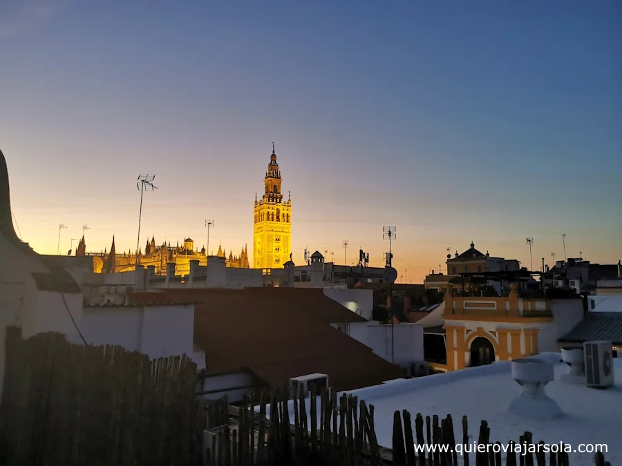 Vista desde la azotea del Hostel Onefam a la Giralda al atardecer