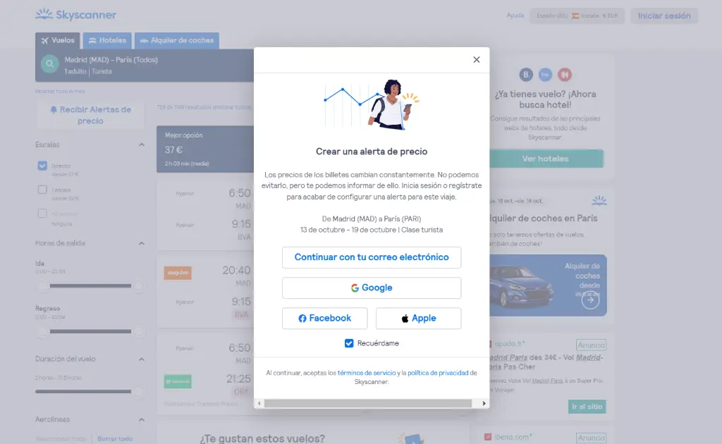 Vuelos baratos con Skyscanner, alerta de precio