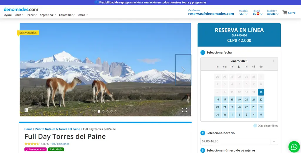 Página de información de uno de los tours a Torres del Paine