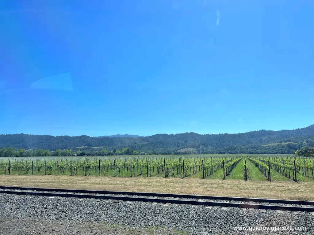 Paisaje en el Valle de Napa con los raíles del Wine Train y los viñedos detrás