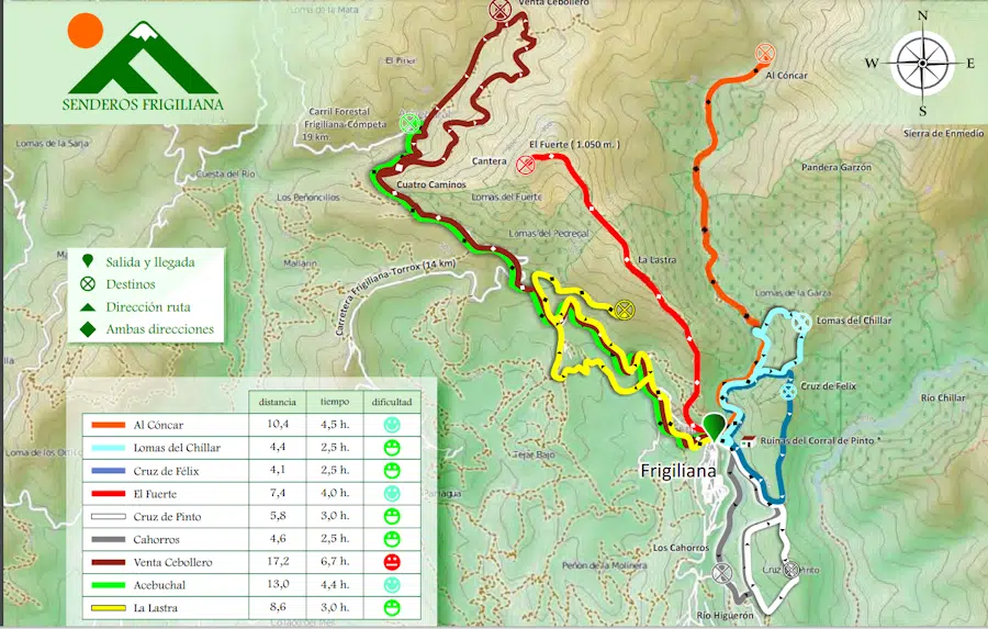 Mapa con rutas de senderismo en Frigiliana