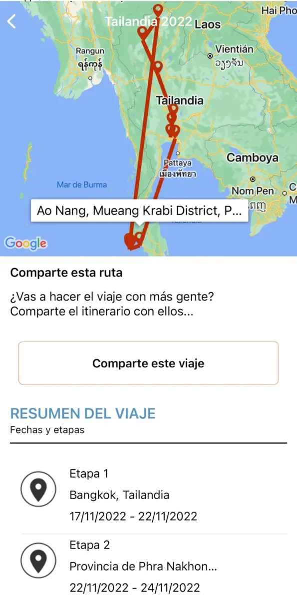 Ejemplo del itinerario de un viaje en el registro de viajeros