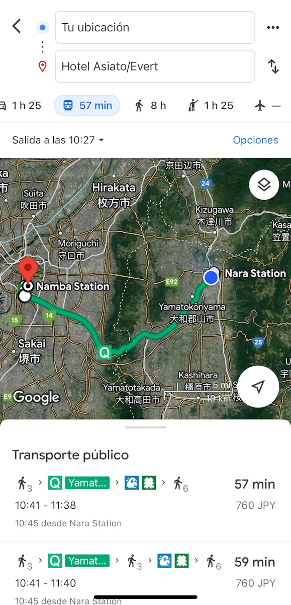 Captura de una búsqueda de itinerario en Japón a través de Google Maps