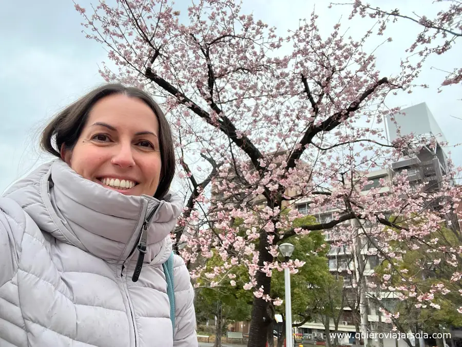 Yo con los cerezos en flor en el río Sumida