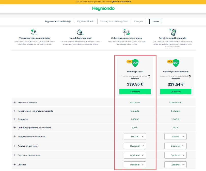 Página de resultados y precios del seguro Heymondo Multiviaje Anual Básico