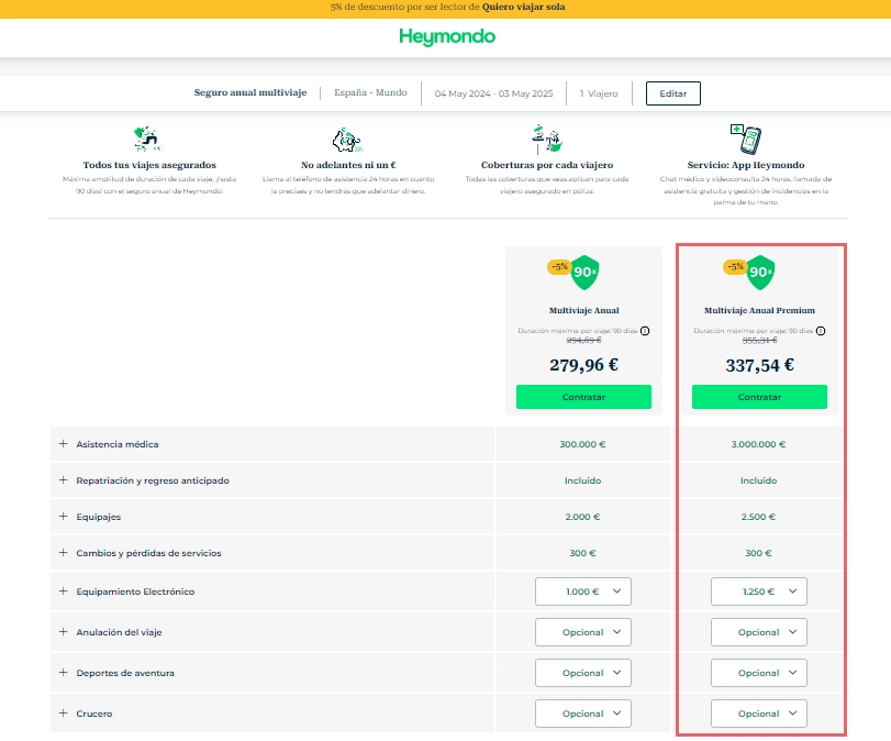 Página de resultados y precios del seguro Multiviaje Anual Premium