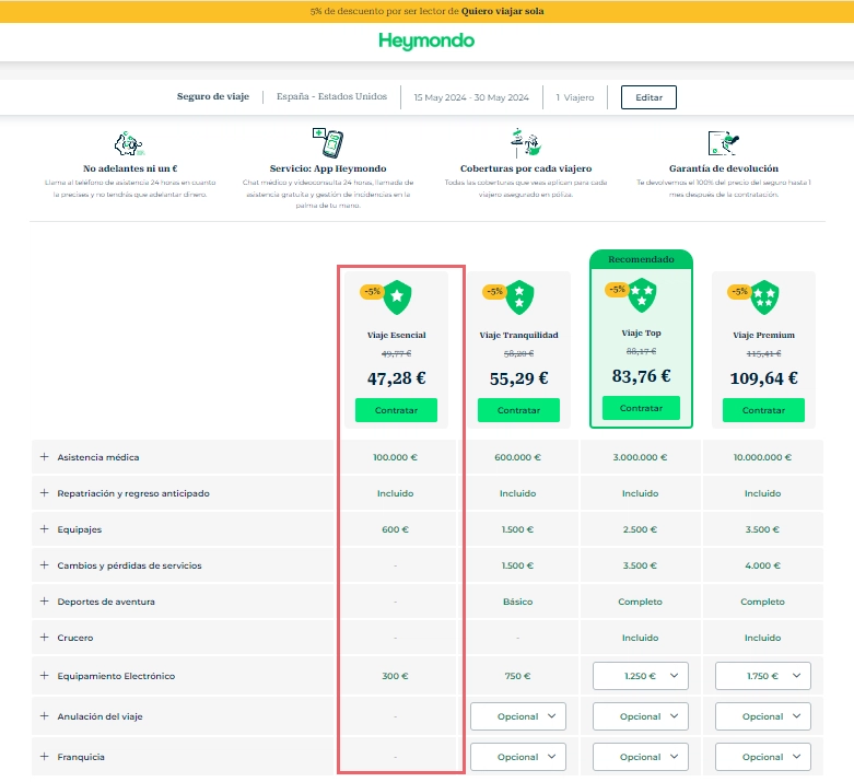 Página de resutados y precios del seguro Esencial