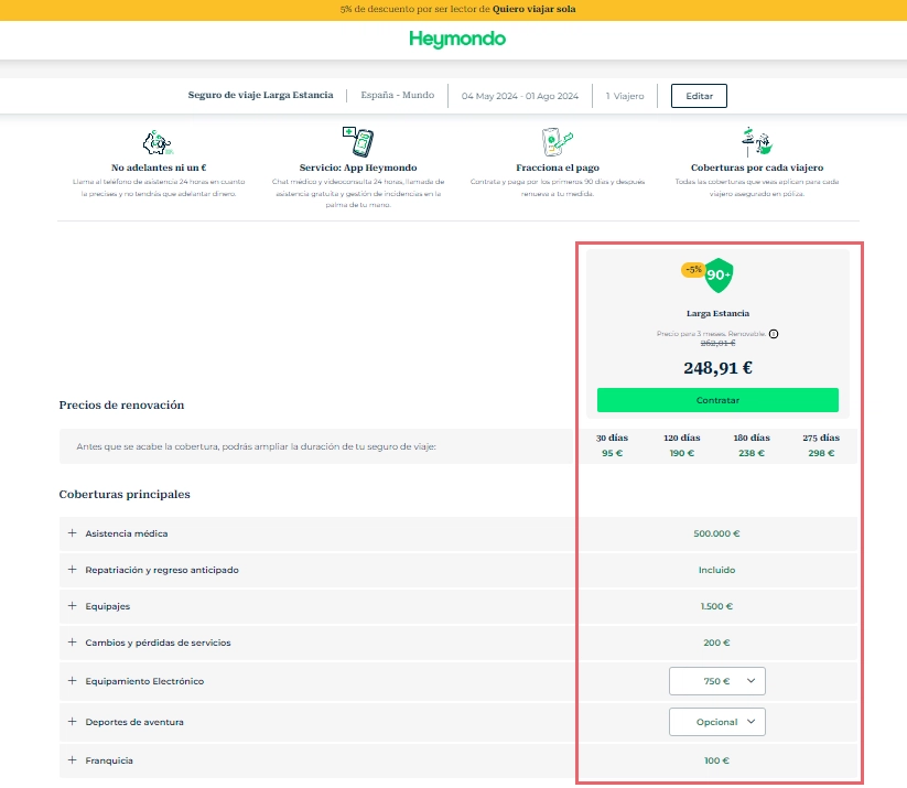 Página de resultados y precios del seguro Larga Estancia