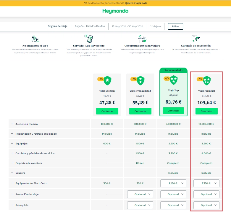 Página de resutados y precios del seguro Premium