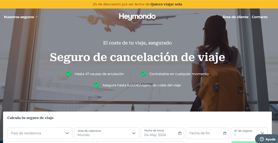 Portada de la web Heymondo del seguro cancelación de viaje