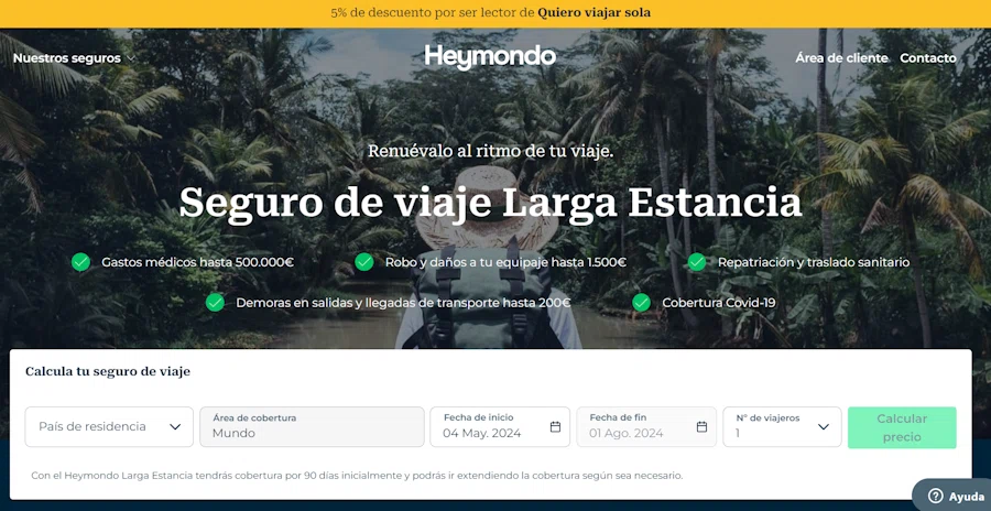 Portada de la web de Heymondo del seguro de viaje larga estancia