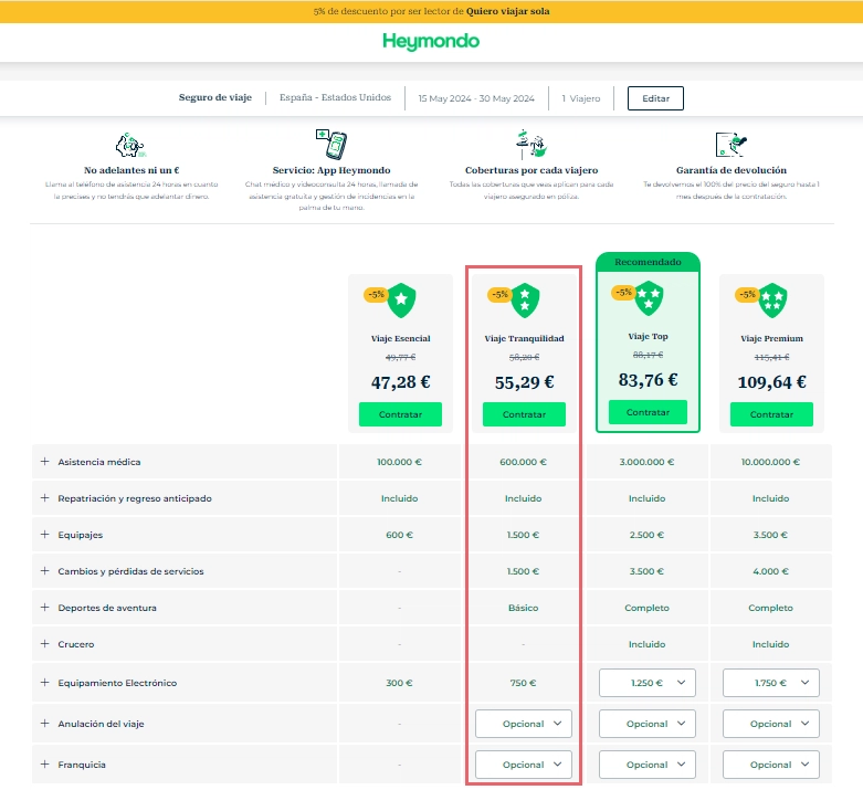 Página de resutados y precios del seguro Tranquilidad